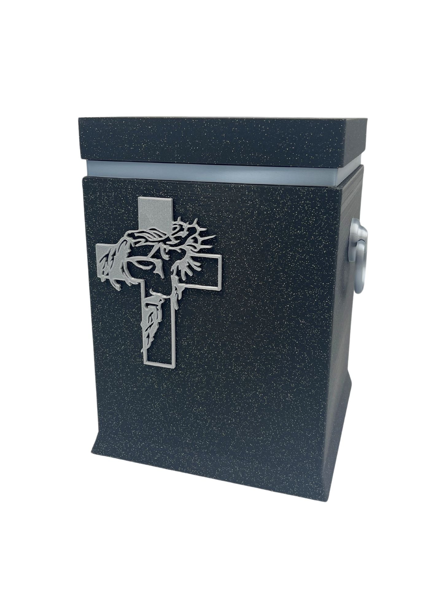 Christliche Bio-Urne in Meerblau mit silbernem Kreuz