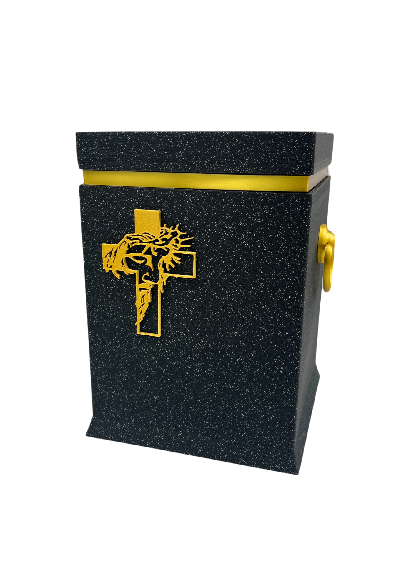 Christliche Bio-Urne Onyxschwarz mit goldenem Kreuz