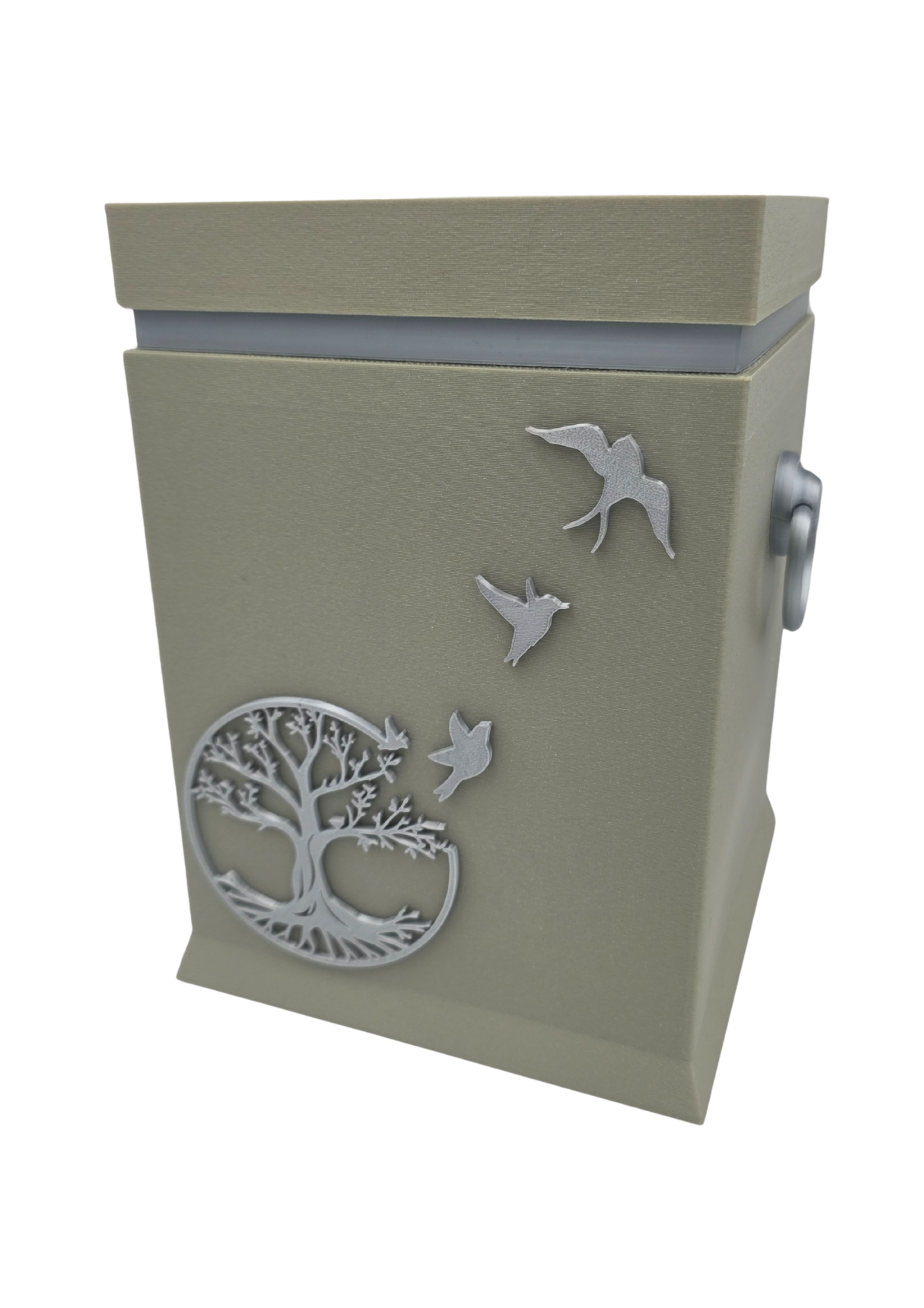 Bio-Urne mit Lebensbaum- und Vogelmotiv in Steingrau/Silber