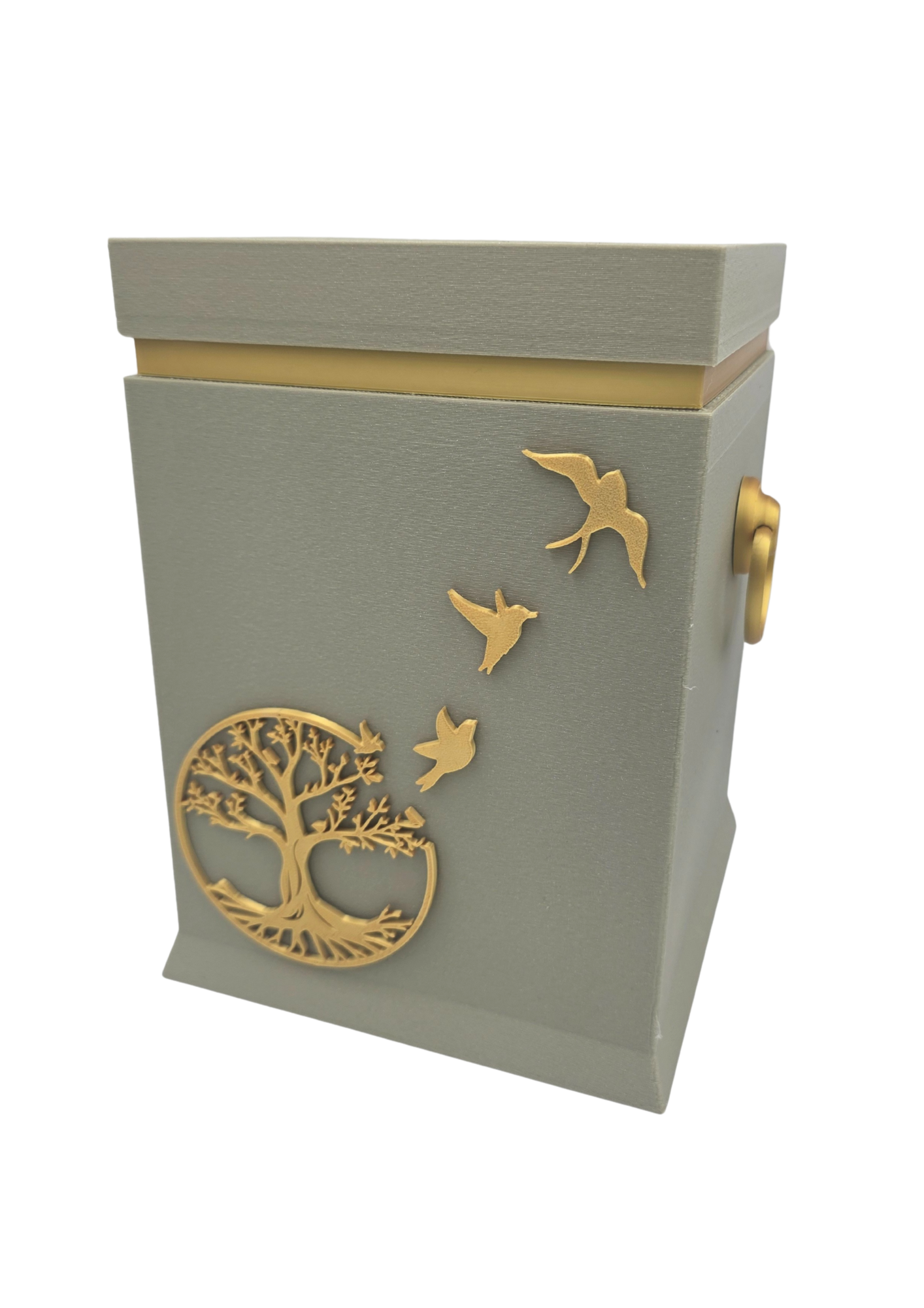 Bio-Urne mit Lebensbaum- und Vogelmotiv in Steingrau/Gold