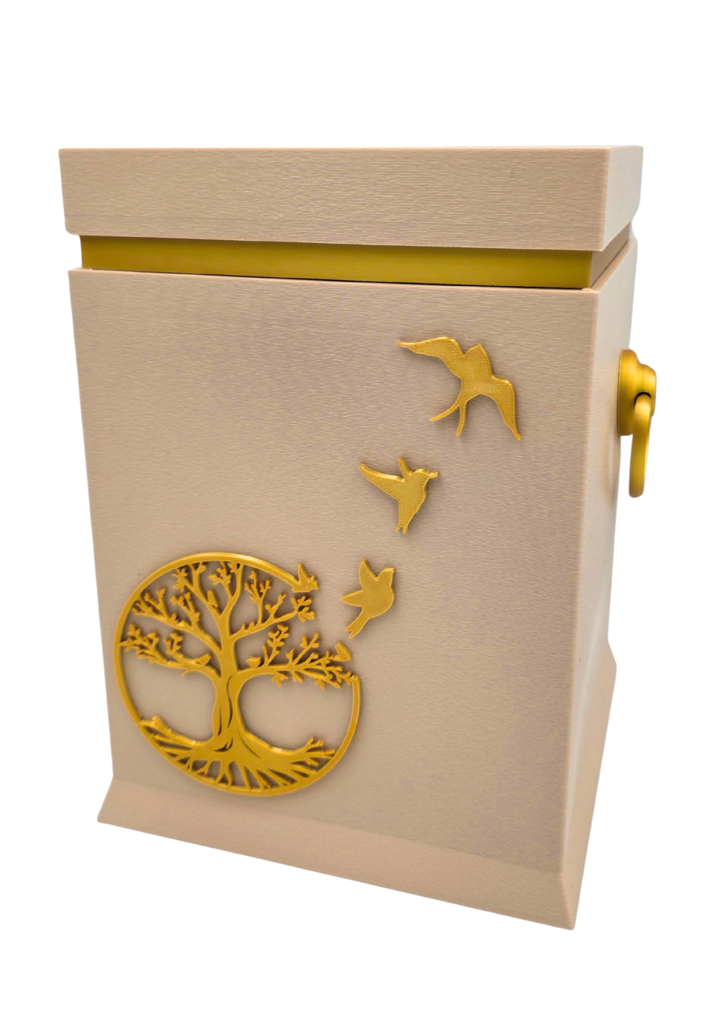 Bio-Urne mit Lebensbaum- und Vogelmotiv in Sandbeige/Gold