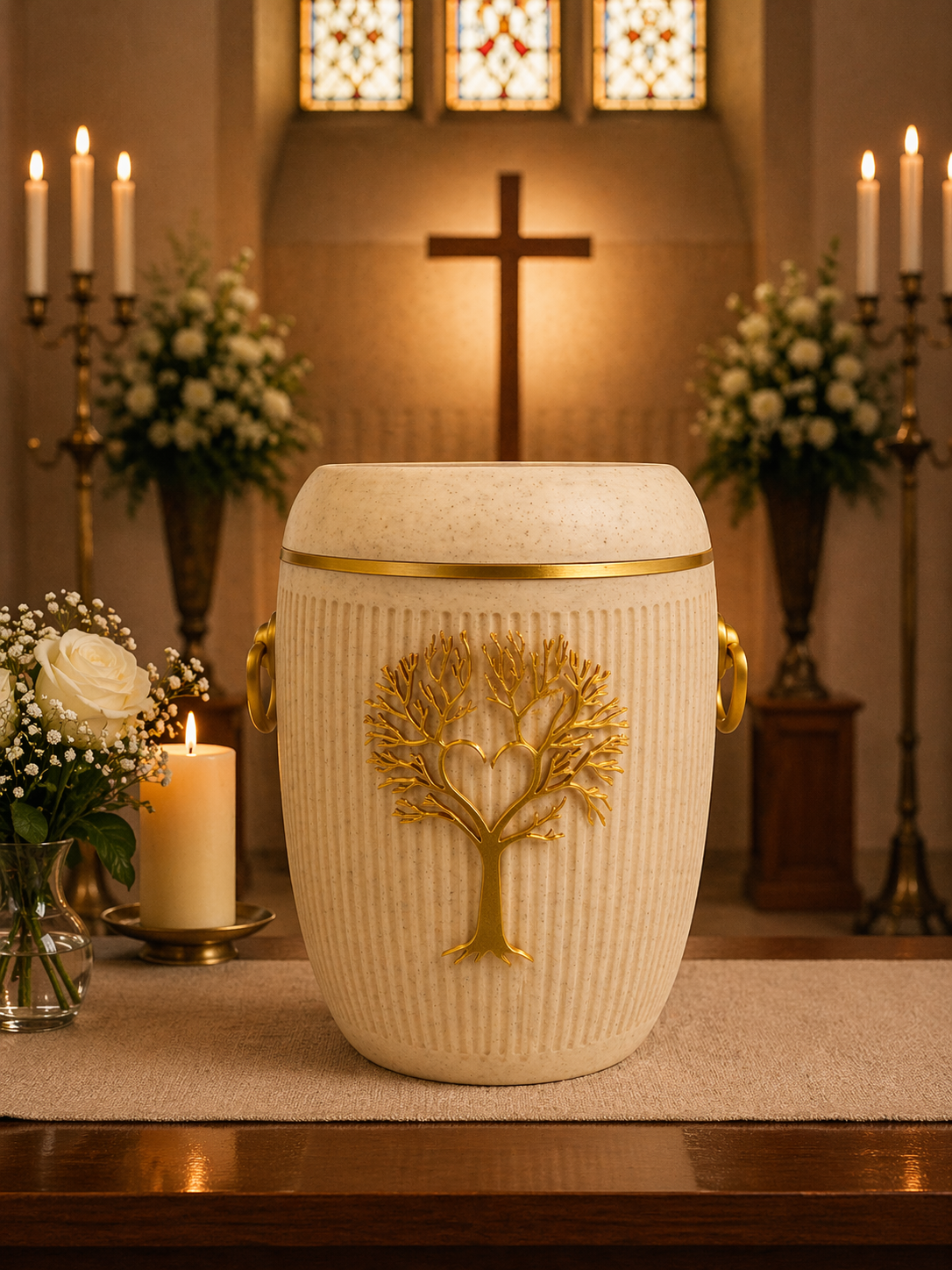 Bio Urne - "Lebensbaum" Sandbeige/Gold