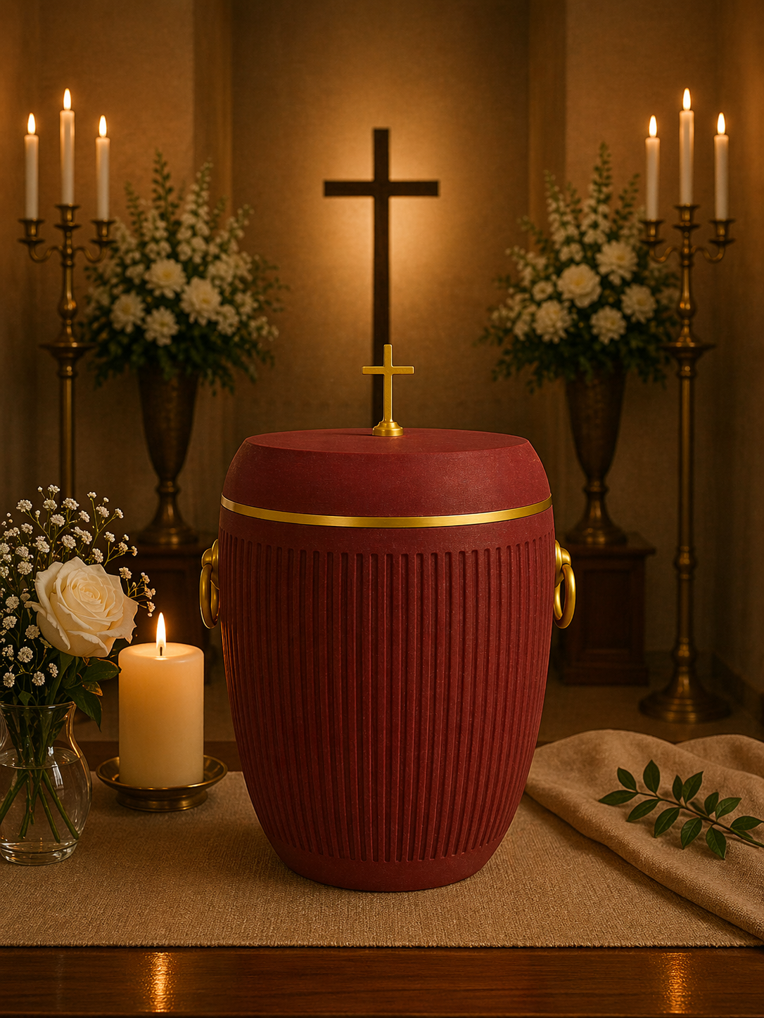 Bio Urne - "Kreuz der Ewigkeit" Rot/Gold