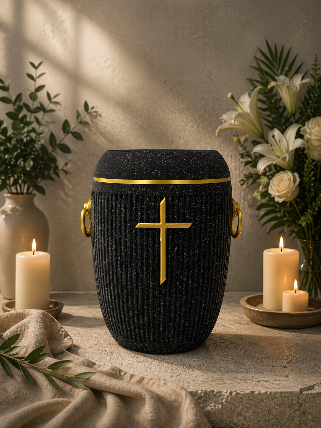 Bio Urne - "Stilles Kreuz" Onyxschwarz/Gold