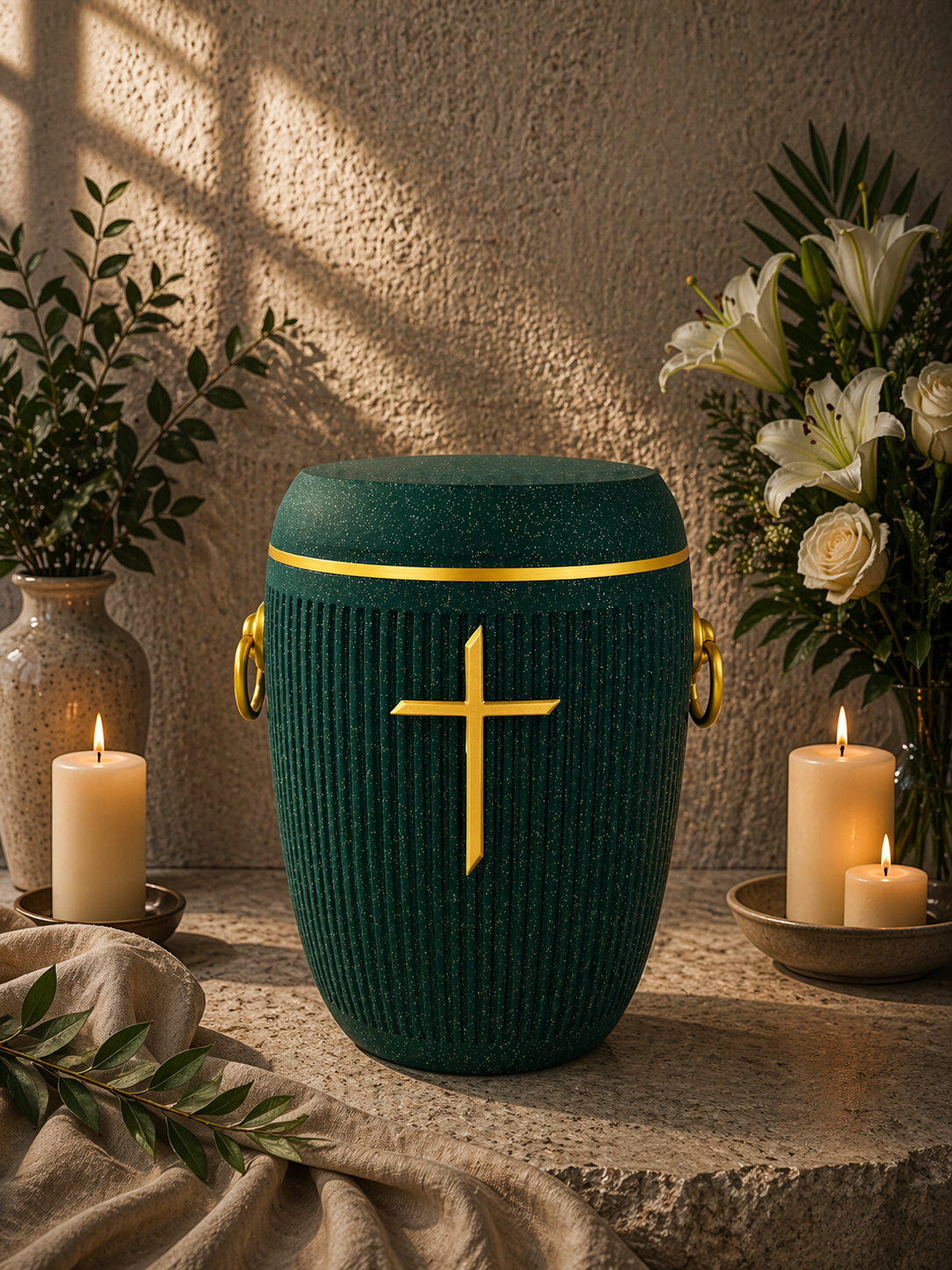 Bio Urne - "Stilles Kreuz" Emerald/Gold