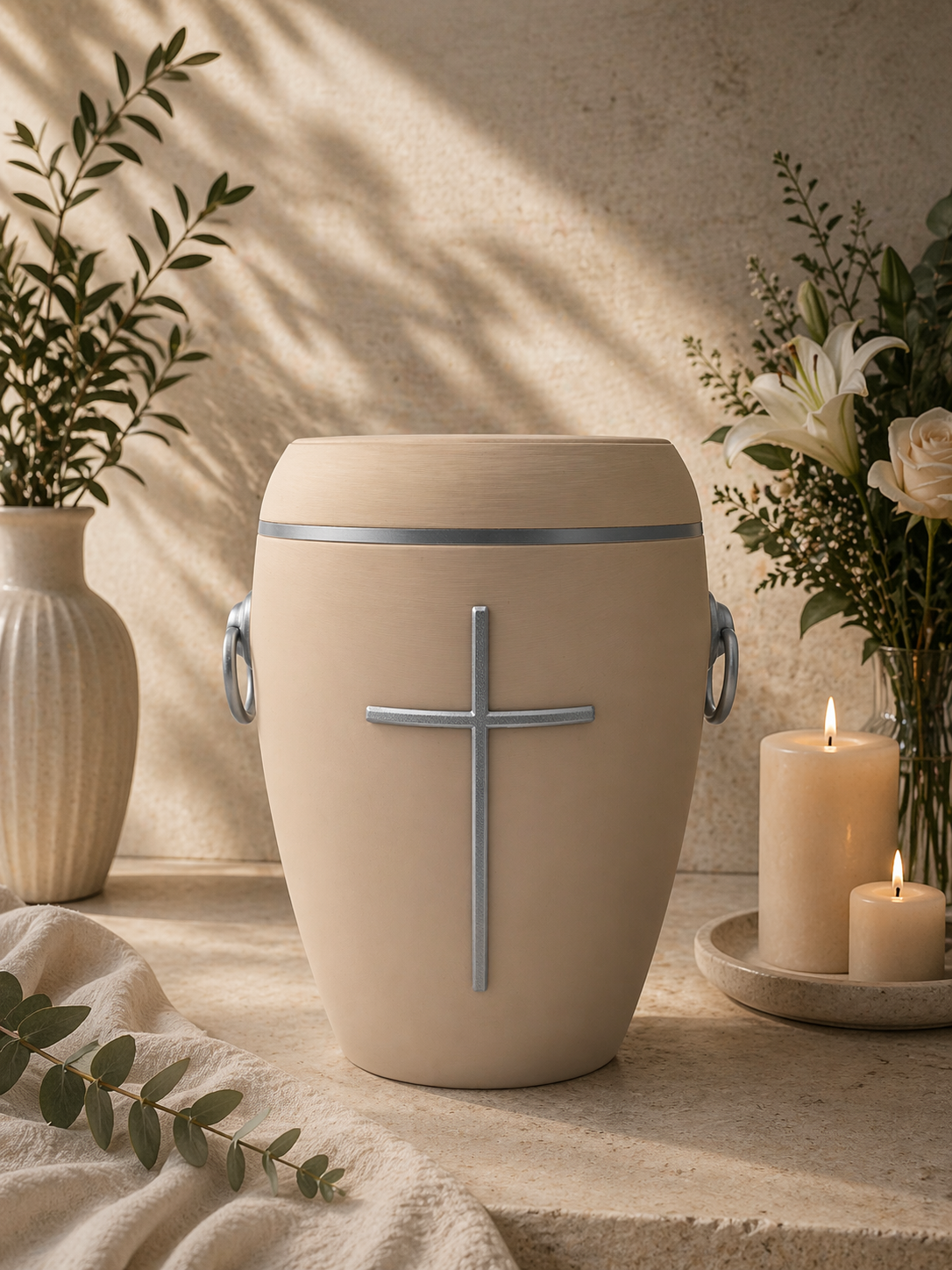 Bio Urne - "Kreuz der Stille" Sandbeige/Silber