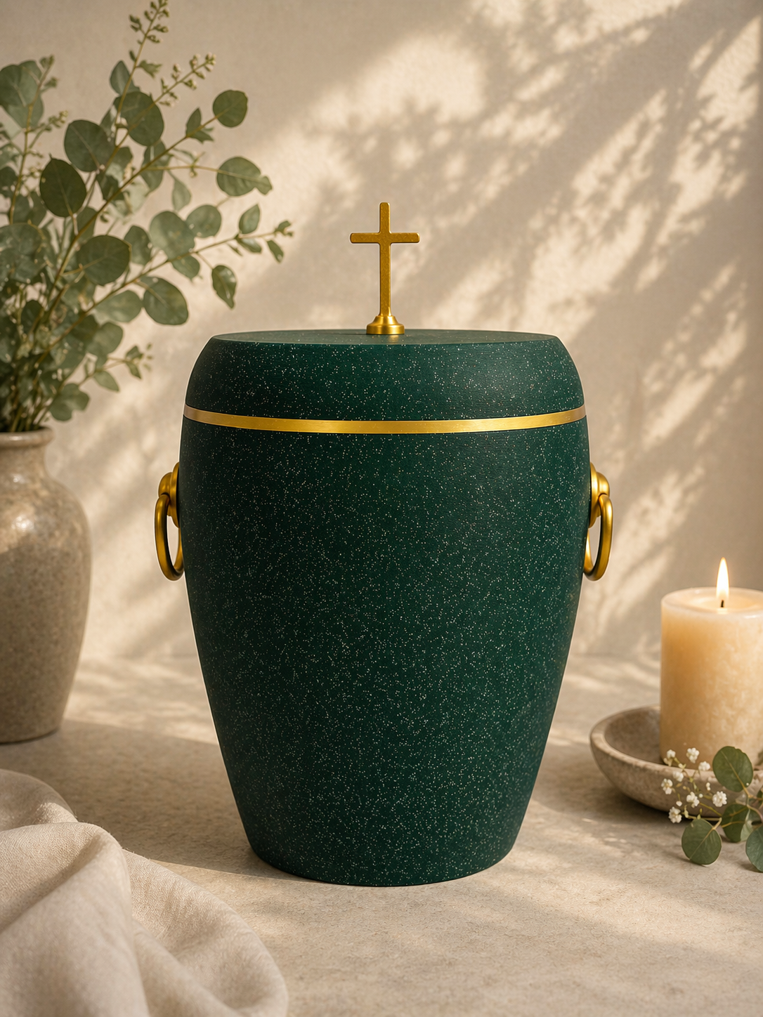 Bio Urne - "Kreuz des Friedens" Emerald/Gold