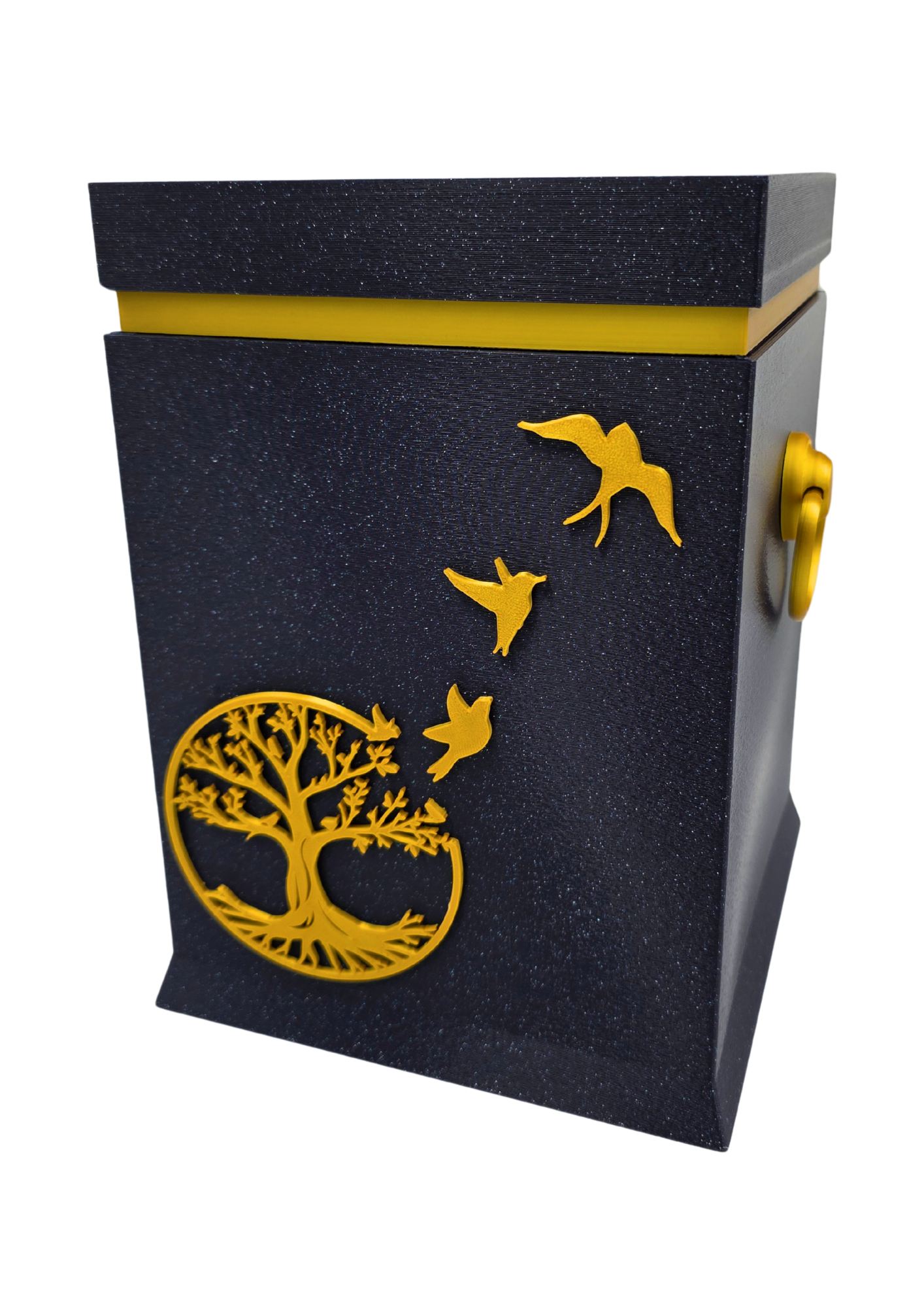 Bio-Urne mit Lebensbaum- und Vogelmotiv in Royalblau/Gold