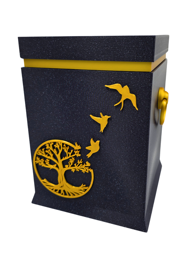 Bio-Urne mit Lebensbaum- und Vogelmotiv in Royalblau/Gold