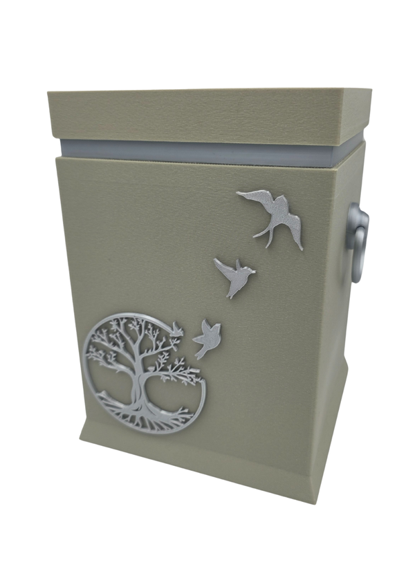 Bio-Urne mit Lebensbaum- und Vogelmotiv in Steingrau/Silber