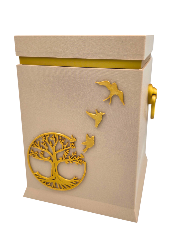 Bio-Urne mit Lebensbaum- und Vogelmotiv in Sandbeige/Gold
