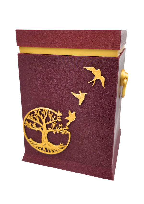 Bio-Urne mit Lebensbaum- und Vogelmotiv in Weintor/Gold