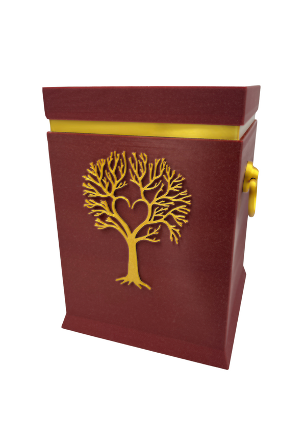Bio-Urne mit Lebensbaum-Motiv in Rot/Gold