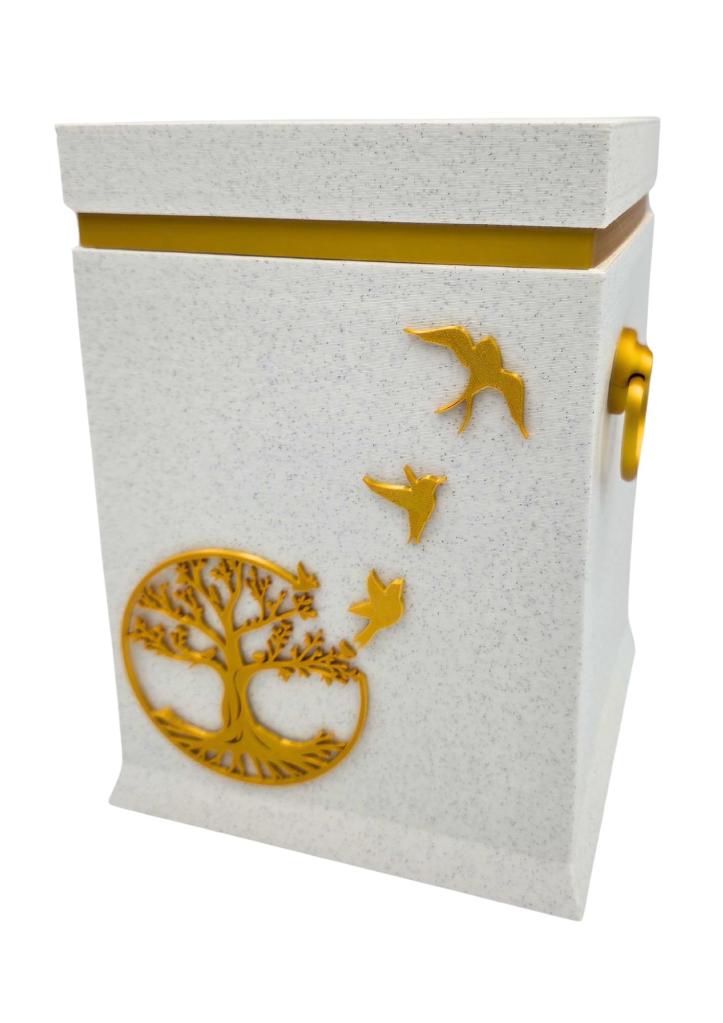 Bio-Urne mit Lebensbaum- und Vogelmotiv in Weiß/Gold