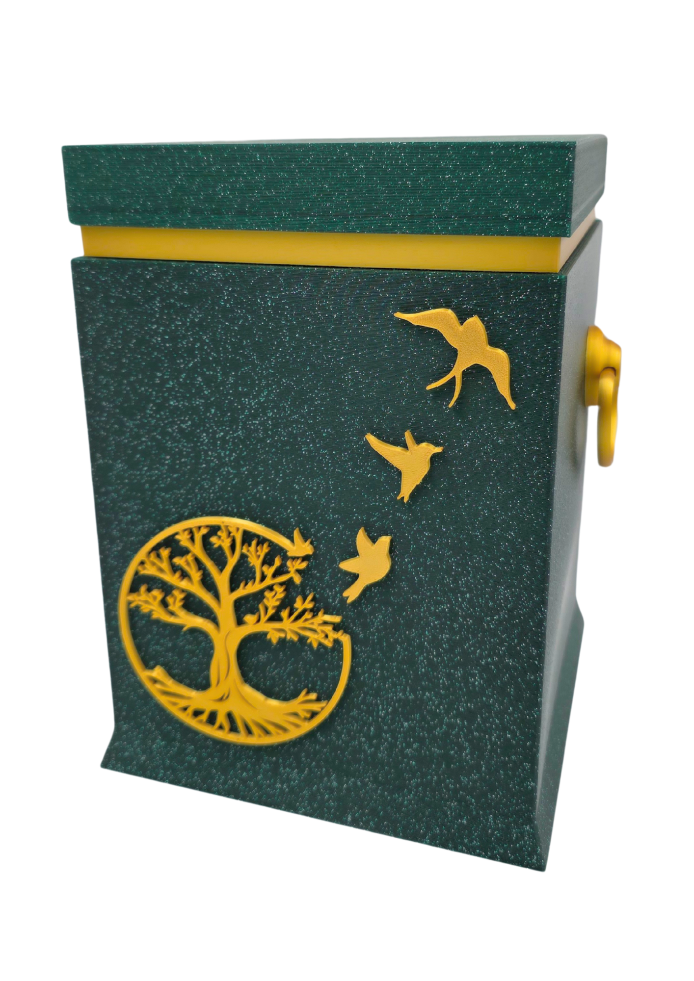Bio-Urne mit Lebensbaum- und Vogelmotiv in Emerald/Gold
