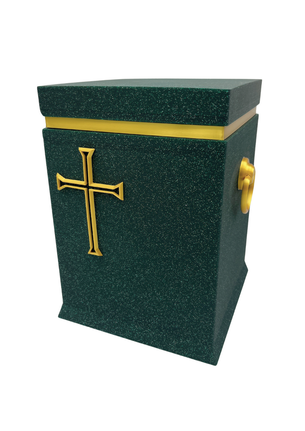 Christliche Bio-Urne in Tannengrün mit goldfarbenem Kreuz
