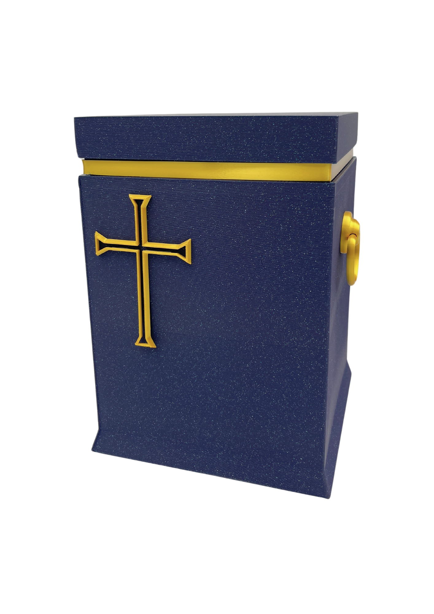 Christliche Bio-Urne in Saphirblau mit goldfarbenem Kreuz