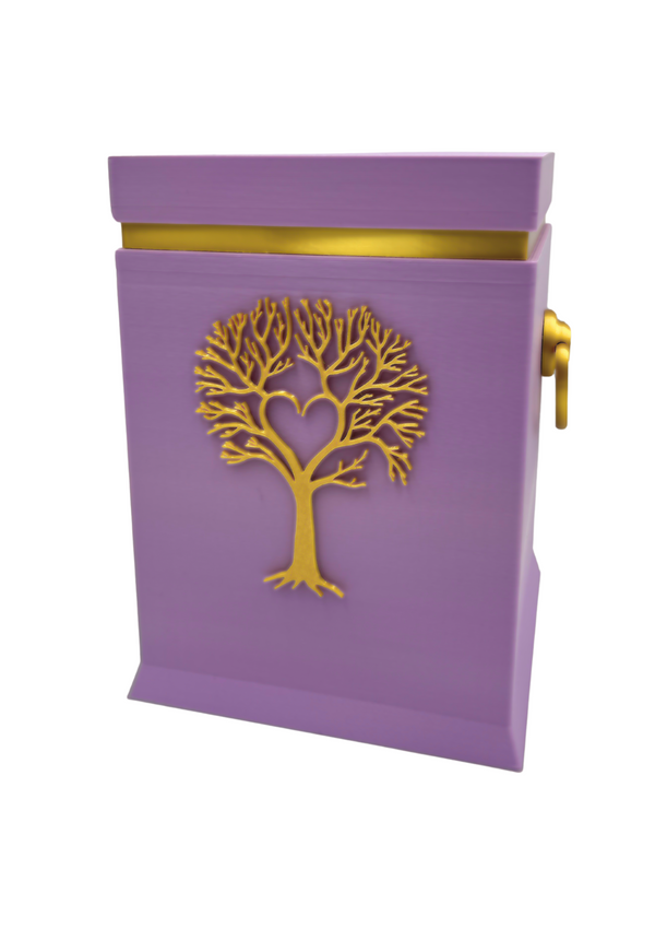 Bio-Urne mit Lebensbaum-Motiv in Violett/Gold