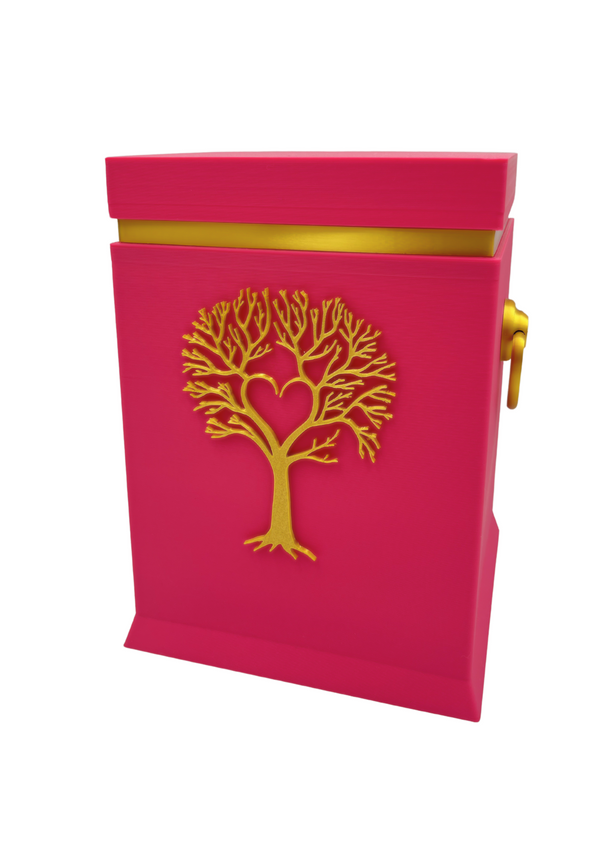 Bio-Urne mit Lebensbaum-Motiv in Rosa/Gold