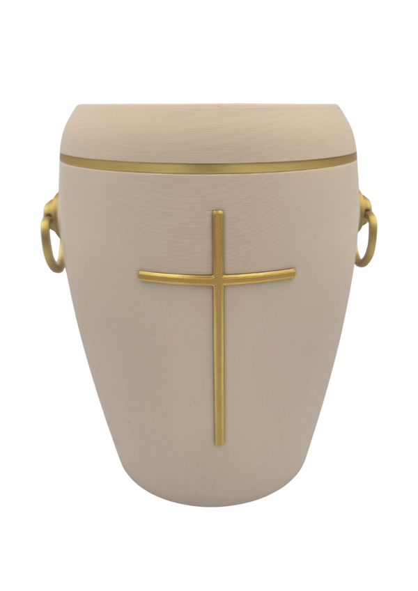 Bio Urne - "Kreuz der Stille" Sandbeige/Gold