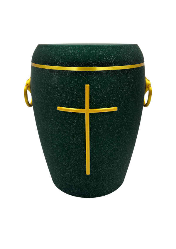 Bio Urne - "Kreuz der Stille" Emerald/Gold