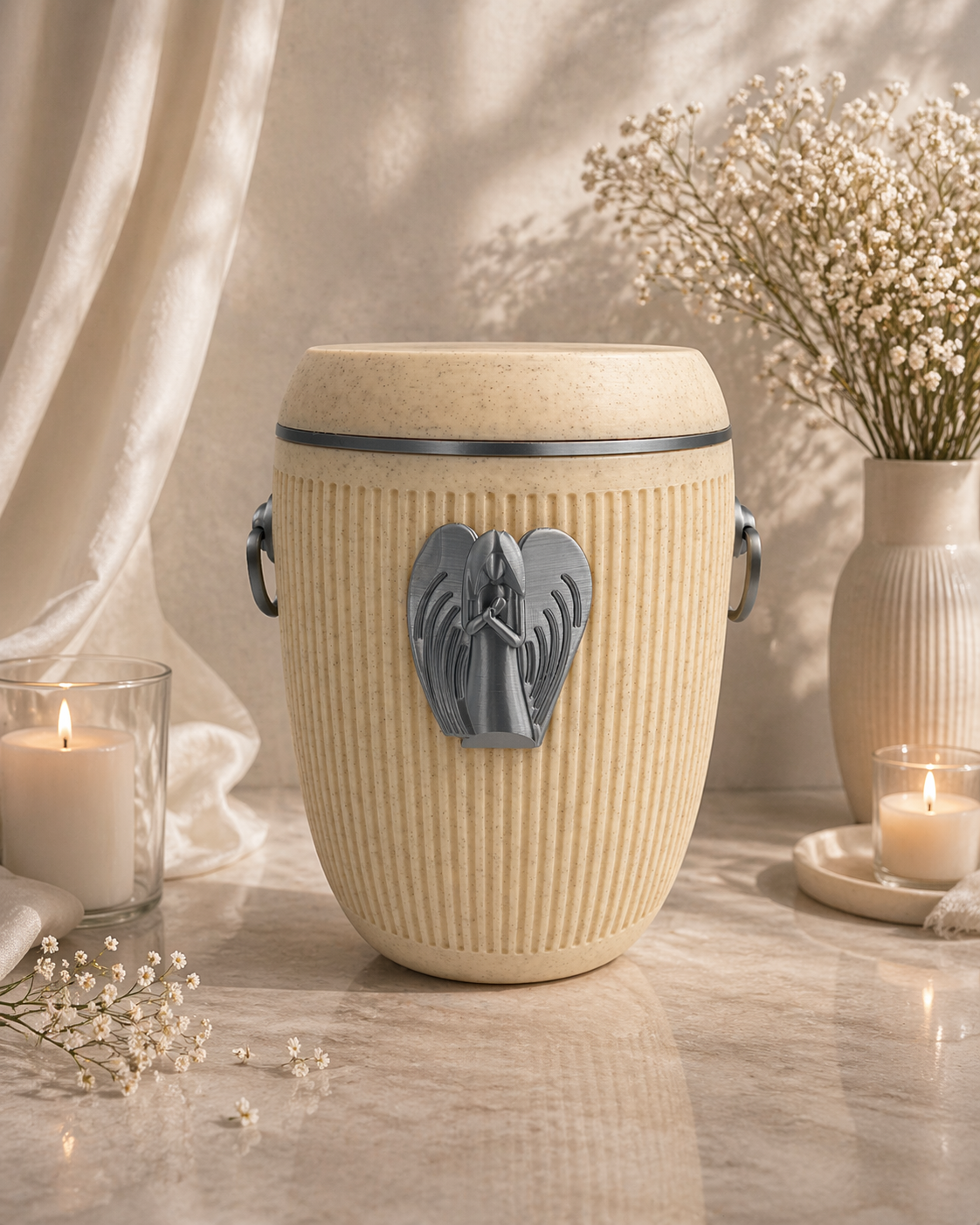 Bio Urne "Engelsruhe" - Sandbeige/Silber