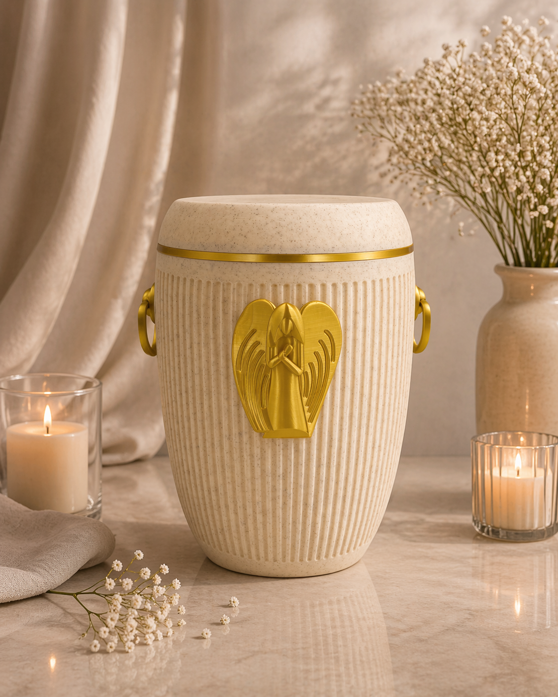 Bio Urne "Engelsruhe" - Sandbeige/Gold