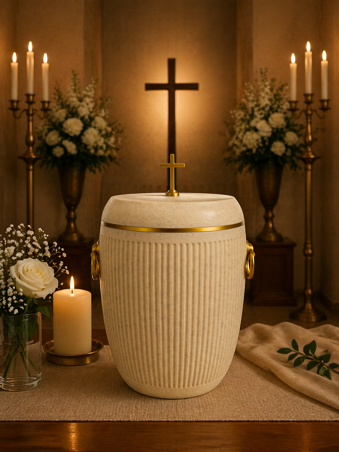 Bio Urne - "Kreuz der Ewigkeit" Sandbeige/Gold