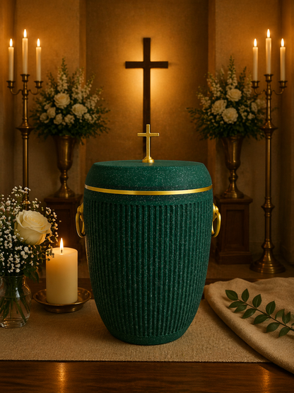 Bio Urne - "Kreuz der Ewigkeit" Emerald/Gold