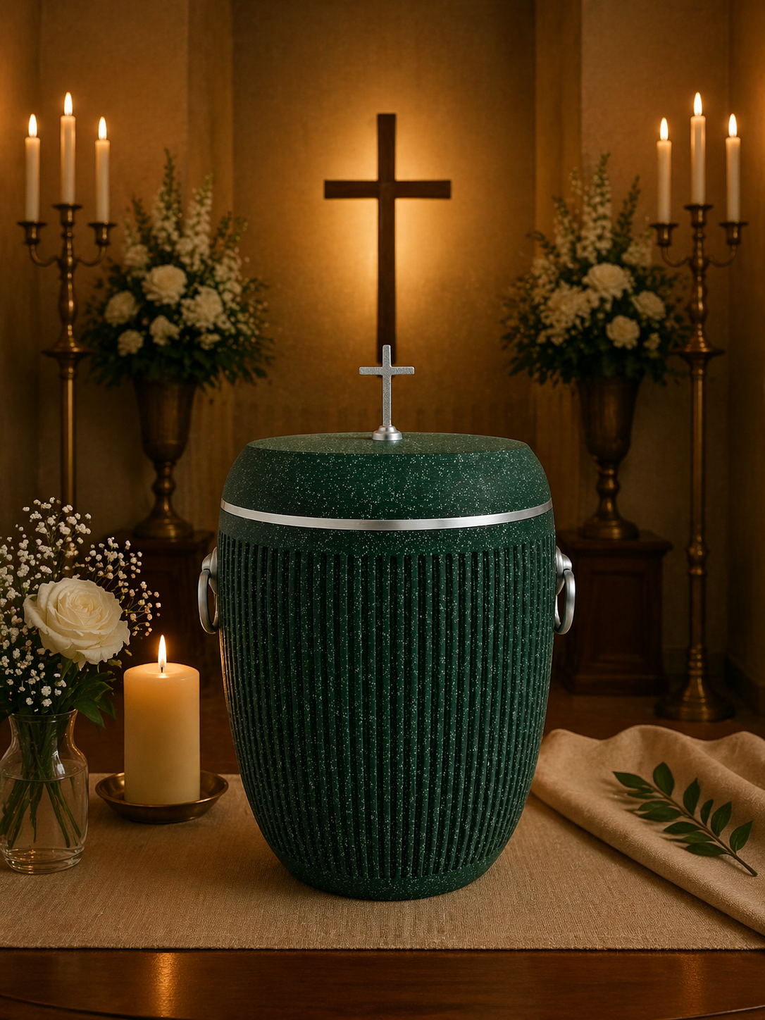 Bio Urne - "Kreuz der Ewigkeit" Emerald/Silber