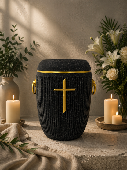 Bio Urne - "Stilles Kreuz" Onyxschwarz/Gold