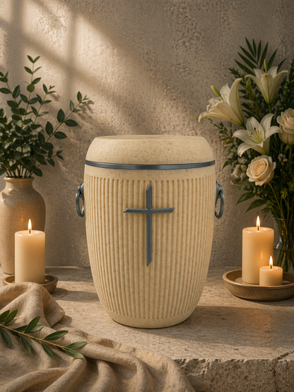 Bio Urne - "Stilles Kreuz" Sandbeige/Silber