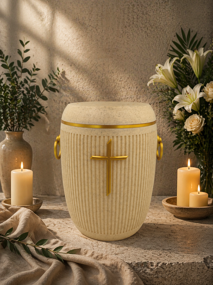 Bio Urne - "Stilles Kreuz" Sandbeige/Gold
