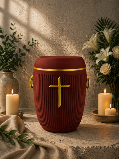 Bio Urne - "Stilles Kreuz" Rot/Gold
