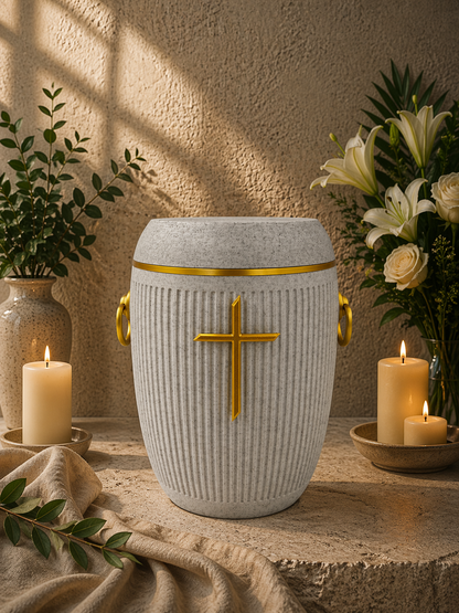 Bio Urne - "Stilles Kreuz" Hellgrau/Gold