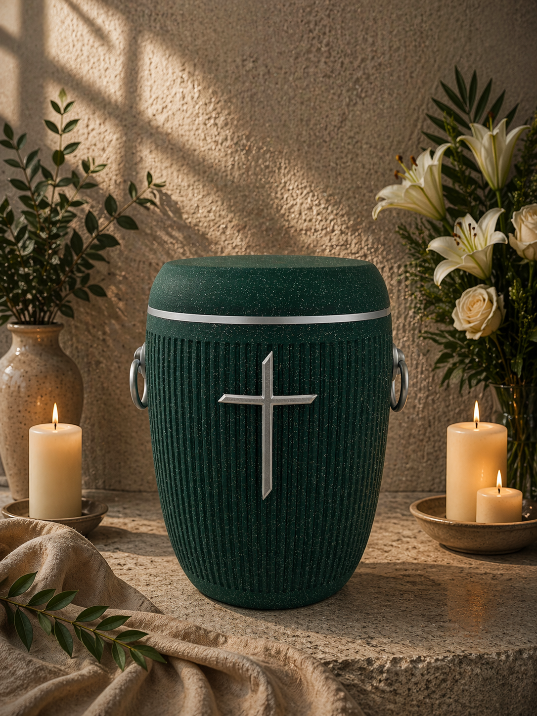 Bio Urne - "Stilles Kreuz" Emerald/Silber