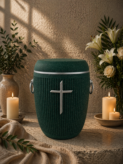 Bio Urne - "Stilles Kreuz" Emerald/Silber