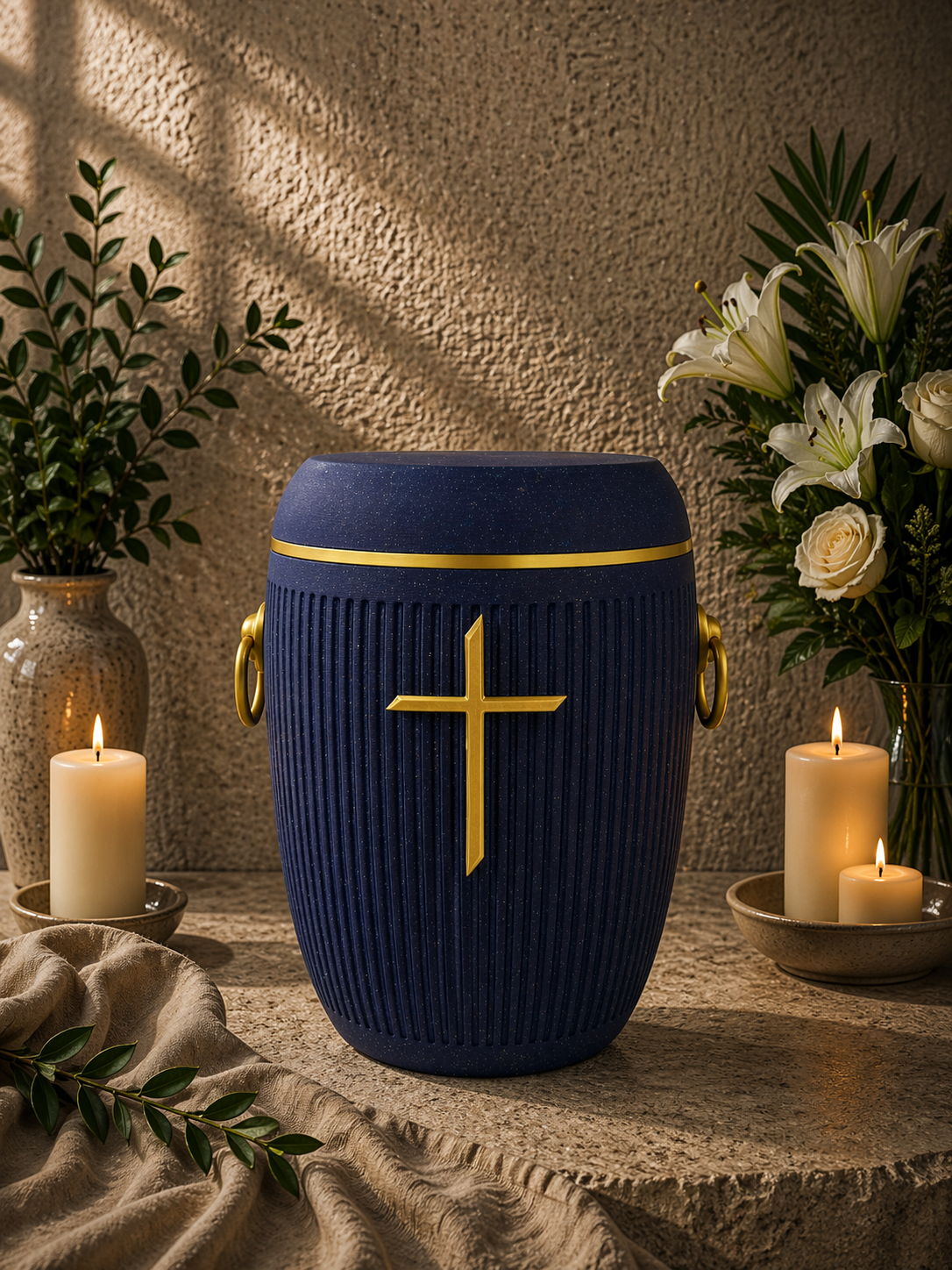 Bio Urne - "Stilles Kreuz" Violett/Gold