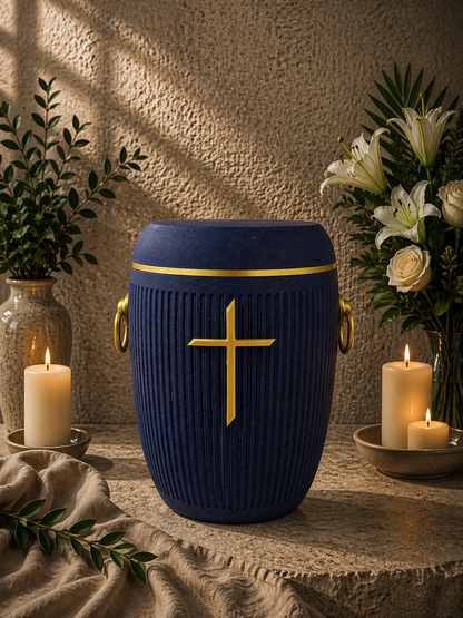 Bio Urne - "Stilles Kreuz" Violett/Gold