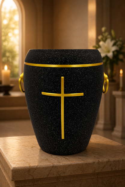 Bio Urne - "Kreuz der Stille" Onyxschwarz/Gold