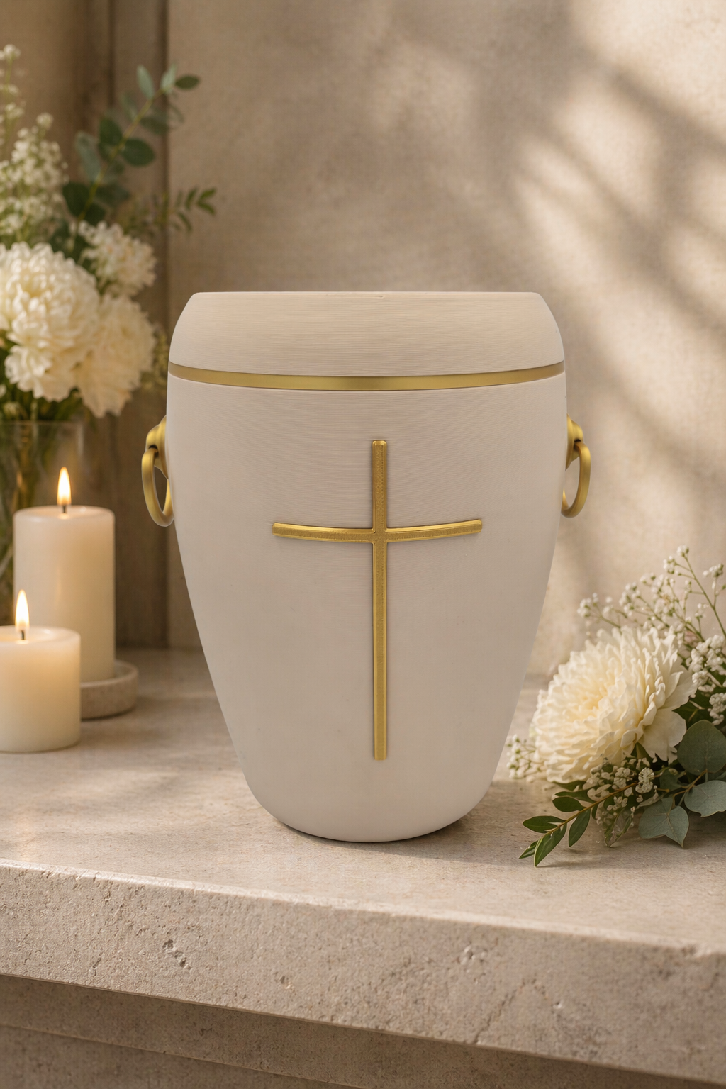 Bio Urne - "Kreuz der Stille" Sandbeige/Gold