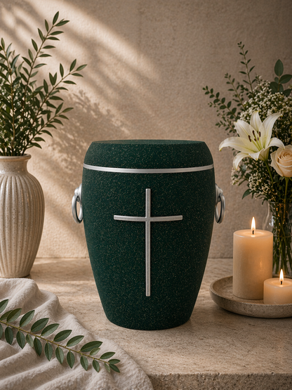 Bio Urne - "Kreuz der Stille" Emerald/Silber