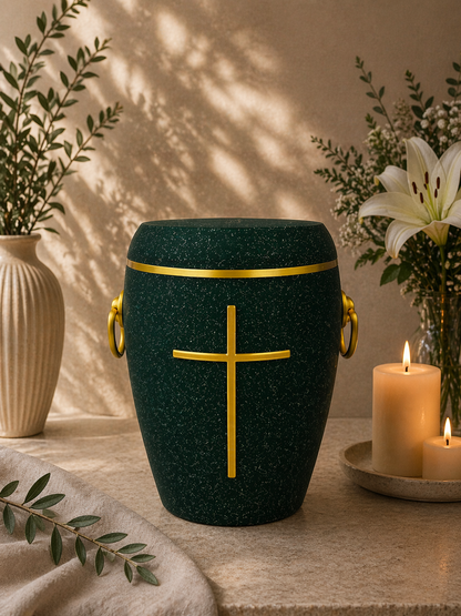Bio Urne - "Kreuz der Stille" Emerald/Gold