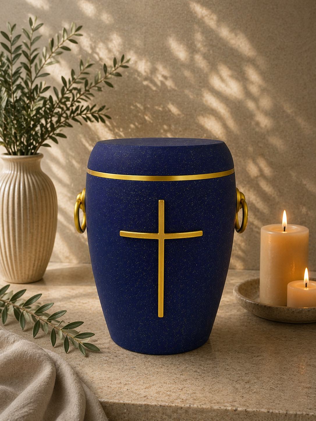 Bio Urne - "Kreuz der Stille" Violett/Gold