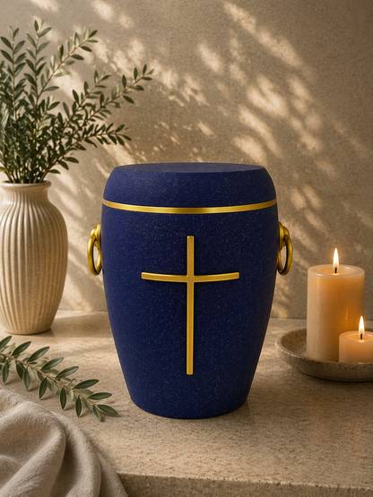 Bio Urne - "Kreuz der Stille" Violett/Gold