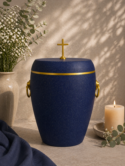 Bio Urne - "Kreuz des Friedens" Violett/Gold