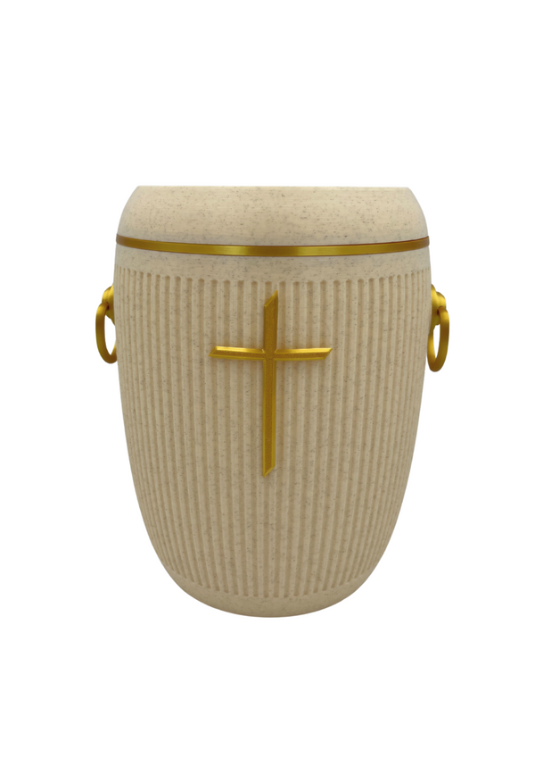 Bio Urne - "Stilles Kreuz" Sandbeige/Gold