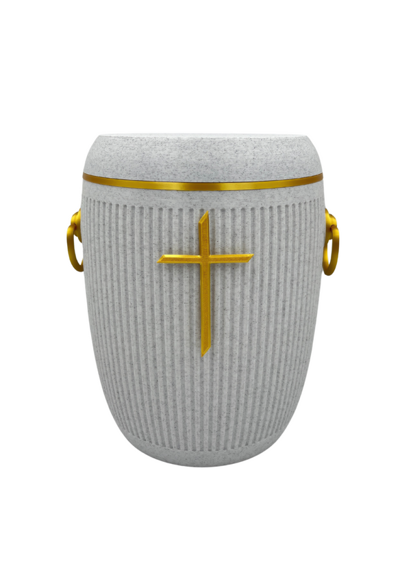 Bio Urne - "Stilles Kreuz" Hellgrau/Gold