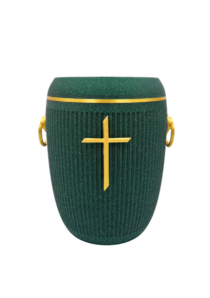 Bio Urne - "Stilles Kreuz" Emerald/Gold