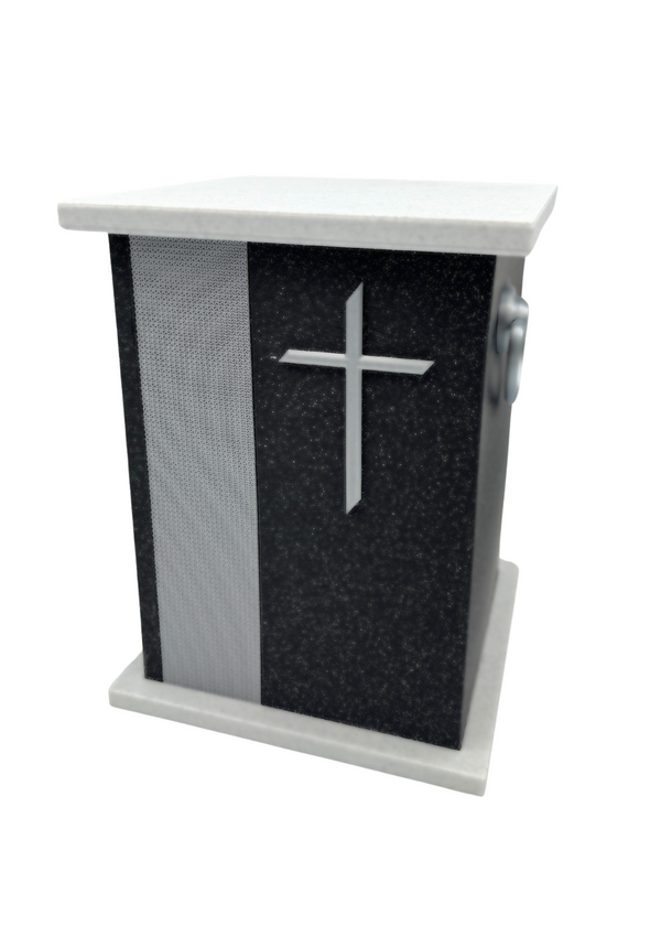 Christliche Bio-Urne Schwarz-Weiß mit Kreuz
